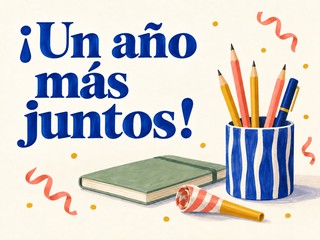 Ilustración de artículos de oficina y adornos festivos sobre fondo crema, con el mensaje «¡Un año más juntos!»