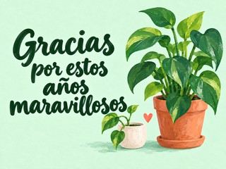 Ilustración de una planta y un brote sobre fondo menta, con el mensaje «Gracias por estos años maravillosos»